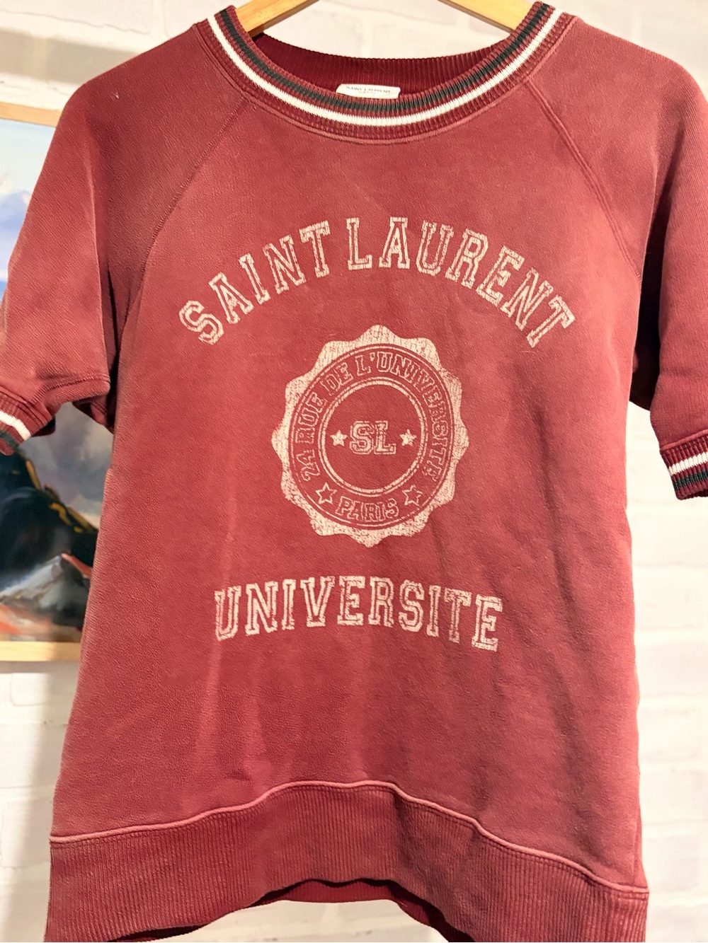 Saint Laurent Burgundy Crewneck with Striped Rib